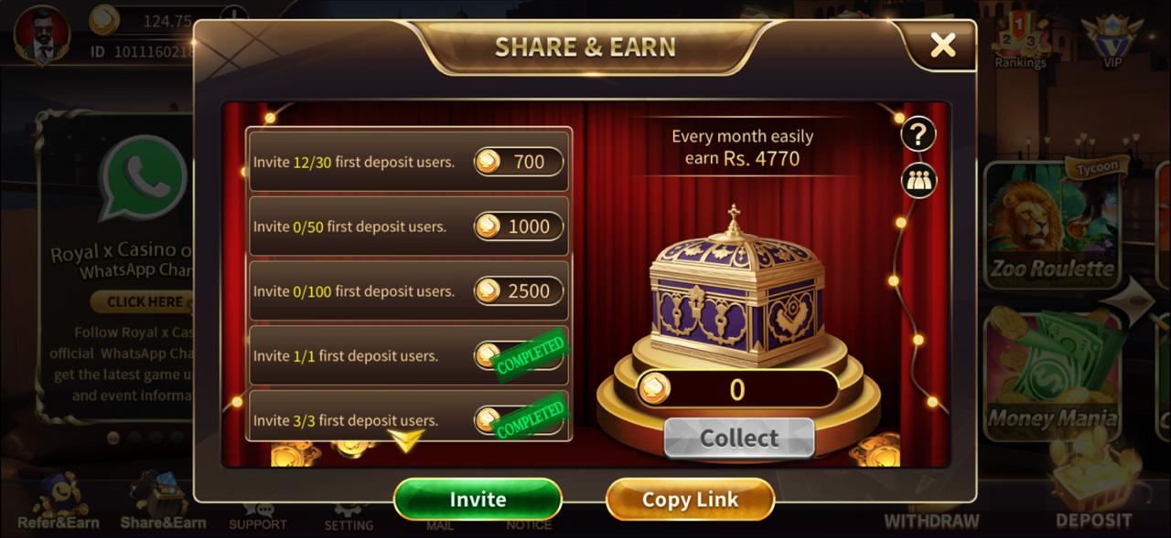 Royal X Casino Share and Earn referral rewards up to Rs. 4770 monthly