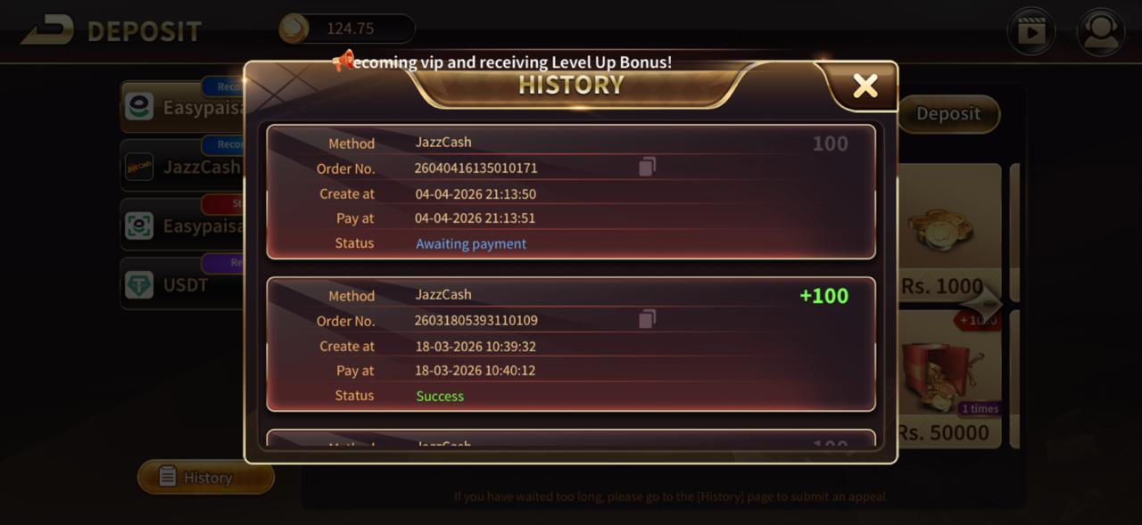 Royal X Casino deposit screen with JazzCash and Easypaisa methods
