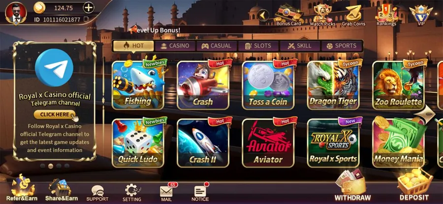 Royal X Casino APK game lobby with Fishing, Crash, Dragon Tiger and Zoo Roulette