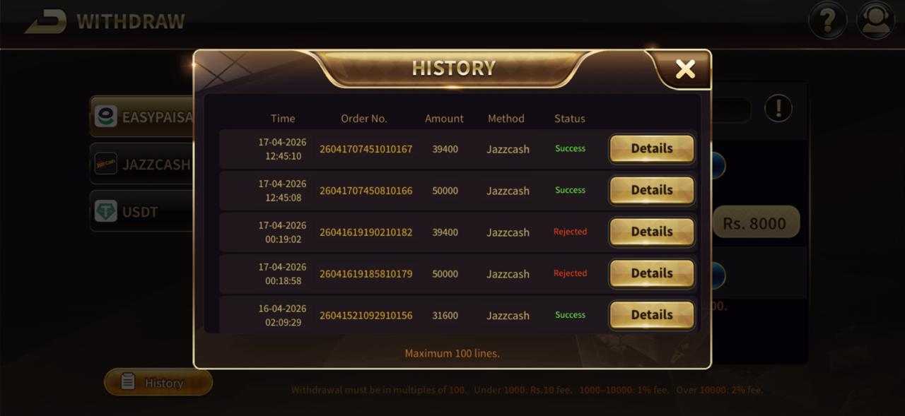 Royal X Casino withdrawal history showing successful JazzCash and Easypaisa payouts